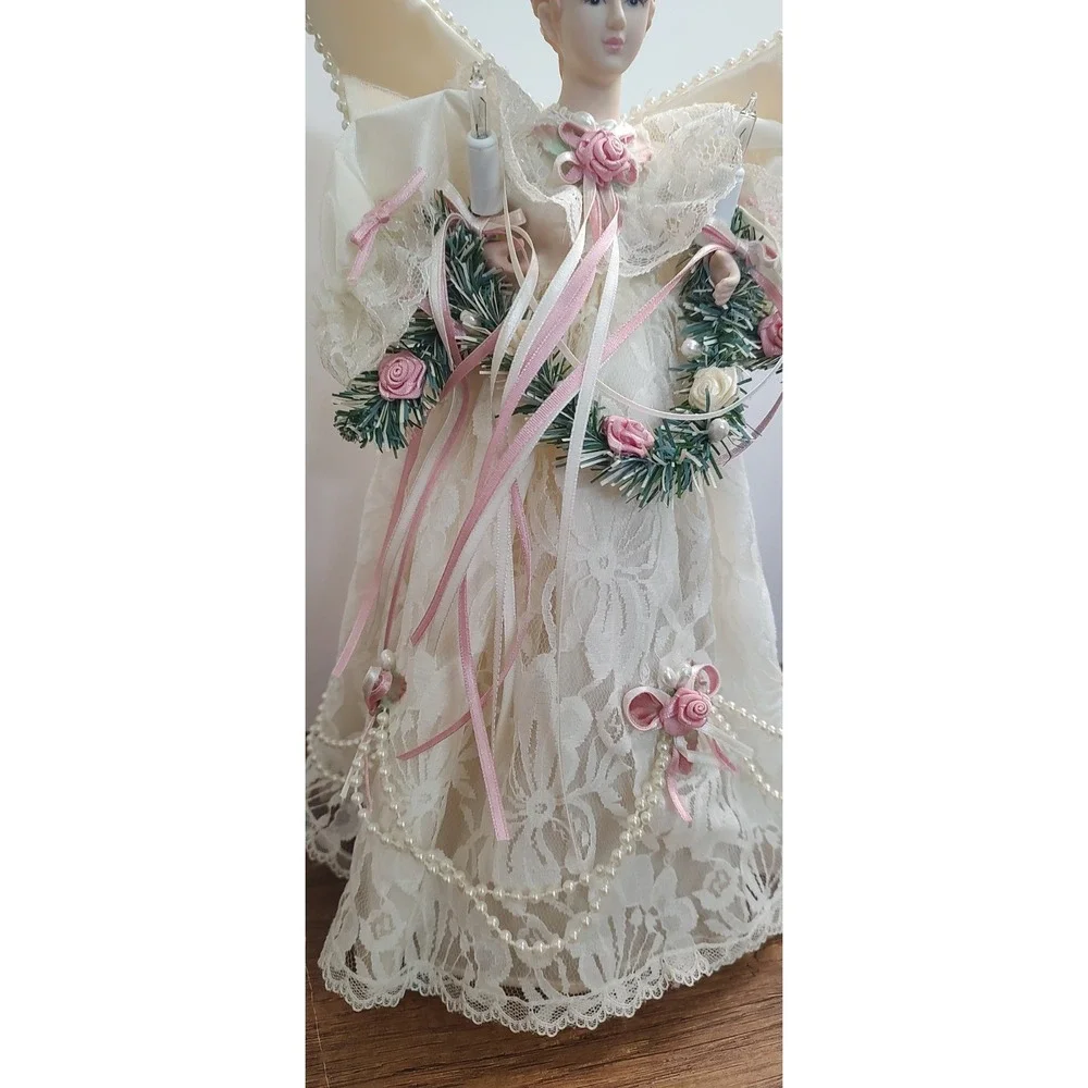 Vintage Traditions Lighted Angel Tree Topper Centerpiece Lace Pink Rose Garland
